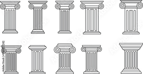 Ancient Greek and Roman column set, classic architectural pillar collection, detailed line art design, historical structure, cad drawing flat vector illustration