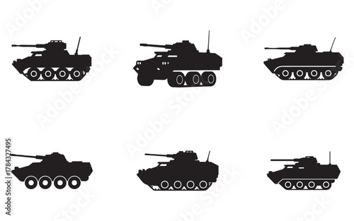 Silhouetted Armored Fighting Vehicle Collection Modern Military Technology and Vehicles of War black and white illustration