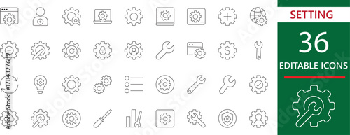 Setting stroke icon  set featuring gears, preferences, system tools, configuration, controls, optimization, and interface management symbols for apps and UI design.