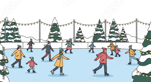 Vibrant illustration capturing the joyful spirit of diverse people ice skating outdoors amidst a snowy, festive winter landscape, celebrating leisure and community