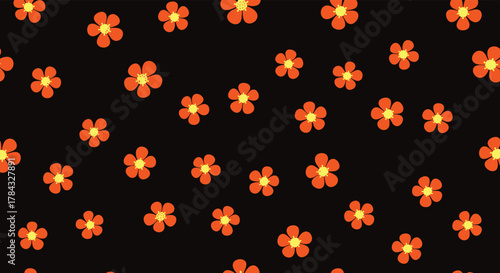 A charming and whimsical seamless pattern displaying numerous bright orange flowers with sunny yellow centers, artfully arranged on a deep black background.