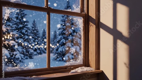 Cozy Winter Scene Through a Wooden Window Frame with Snowy Trees and Lights Outside, Warm Interior Lighting, Soft Shadows on the Wall, Serene Atmosphere