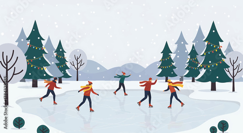 Joyful winter scene illustration with people ice skating on a frozen pond, surrounded by snow-covered trees and falling snowflakes, depicting outdoor fun
