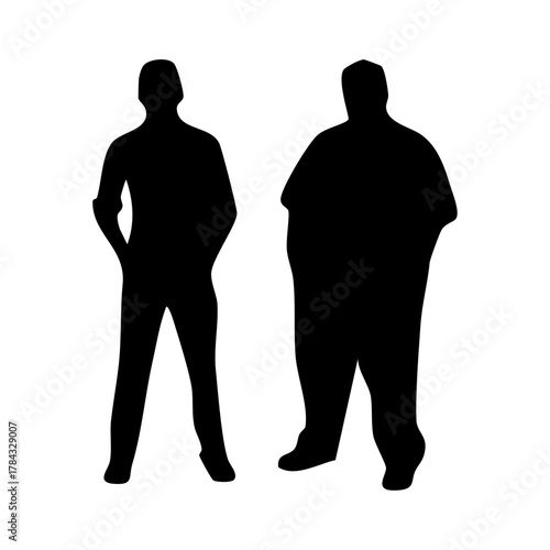 Two black silhouette figures, one slim and one obese, stand side-by-side on a white background, creating a stark, contrasting, and isolated mood.
