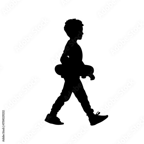 Silhouette of a young boy walking right, holding a skateboard, against a stark white background, creating a simple, graphic, and contemplative mood.
