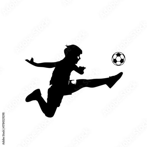Silhouette of a boy mid-air, powerfully kicking a soccer ball; stark black against a plain white background, creating a dynamic, energetic, and isolated mood.