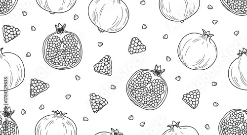 Hand-drawn seamless pattern featuring pomegranates, both whole and halved, with scattered arils, illustrated in a monochrome line art style for a decorative background.