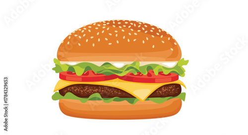 A delicious, classic beef burger with fresh lettuce, juicy tomato slices, melted cheese, and a sesame seed bun, presented in a vibrant cartoon style for fast food themes.