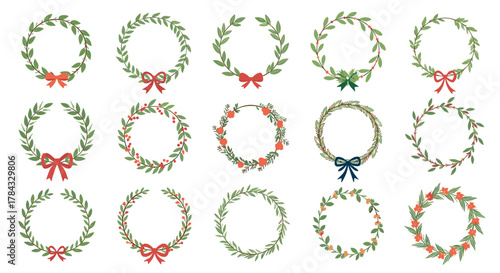 A collection of watercolor-style Christmas and holiday wreaths featuring green foliage, red berries, and decorative bows, perfect for festive designs.