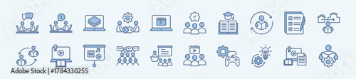 Editable 20 learning and training icons for web and mobile. Set of learning and training included icons line upskilling,assessment,tutorial,discussion