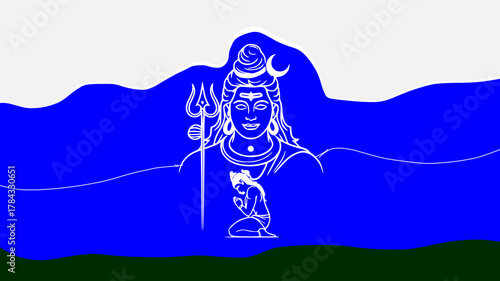Abstract Line Art of Lord Shiva with Trishula, Neelakantha, Crescent Moon, Devotee Praying on Holy Mountain Banner, Blue, White, and Green.