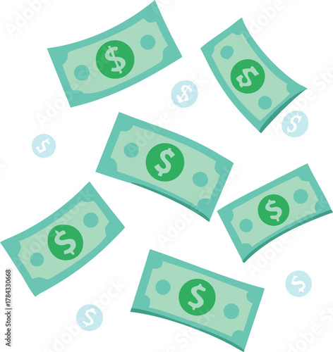 Falling money illustration featuring green dollar bills and silver coins