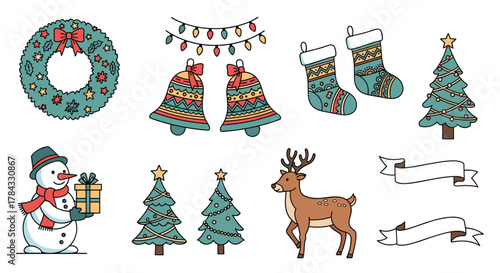 A charming collection of Christmas and winter holiday illustrations, including festive decorations like wreaths, bells, string lights, stockings, trees, a snowman, and a reindeer.