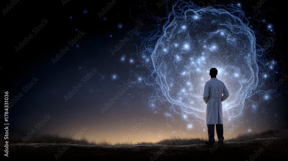 Fototapeta premium Scientist observes glowing abstract cell in starlit sky representing scientific discovery and research concepts