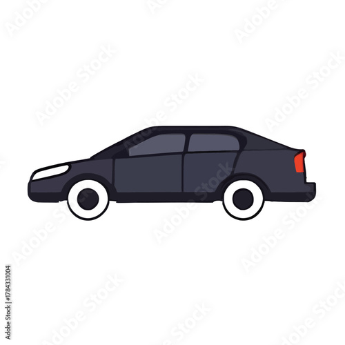 Illustration of a dark sedan car with white tires.