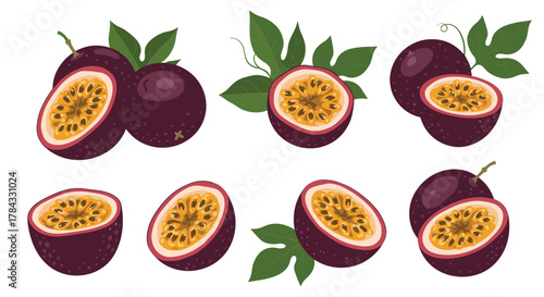 Collection of fresh purple passion fruits, whole and half-sliced with yellow pulp and seeds, accompanied by green leaves on a white background.