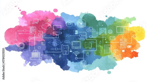 Network flat design top view theme information technology water color vivid.