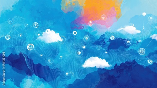 Network flat design top view theme information technology water color vivid.