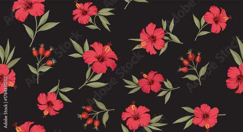 Seamless pattern featuring vibrant red hibiscus flowers and rose hips with green leaves on a stylish black background, perfect for textiles or wallpaper.