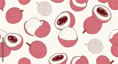 Seamless pattern of fresh lychees, both whole and peeled, with seeds visible, creating a vibrant tropical fruit background.
