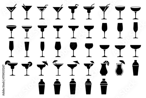 silhouette icons of cocktail glasses of martini, margarita, wine, champagne, and shakers. Ideal for bar menus, party invites, drink or beverage branding. vector illustration