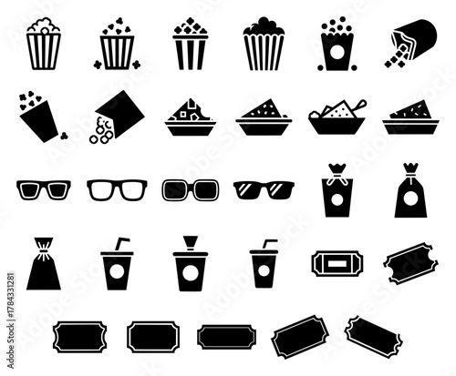 cinema movie theater vector set. black silhouette of popcorn, glasses, ticket, drink symbols