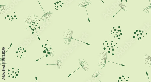 Delicate dandelion seeds and small dots in a scattered seamless pattern on a soft pastel green background, reflecting nature's simplicity.