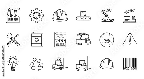 A comprehensive collection of industrial and factory-related line icons, featuring a factory building, gear, hard hat, conveyor belt, robotic arms, wrench and screwdriver, oil barrel, graph, crane