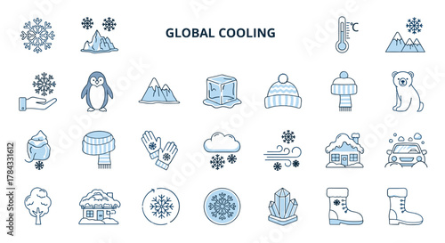 Collection of Global Cooling Related Line Icons, Featuring Snowflakes, Mountains, Ice Cubes, Penguins, Winter Clothing, and Snow-Covered Houses, Perfect for Graphic and Web Design, Apps