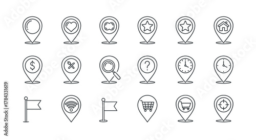 Collection of 18 diverse map pin icons, featuring outline signs for graphic and web design, apps, adverts, and various cards. This vector cartoon illustration includes icons for location, heart