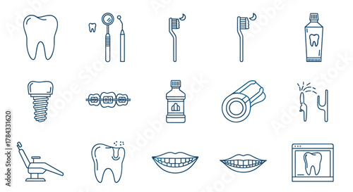 A comprehensive collection of dental care line icons, featuring a healthy tooth, dental instruments, braces, implants, toothbrushes, toothpaste, mouthwash, floss, a dental chair, a decaying tooth