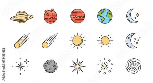 Vibrant collection of thin line icons representing planets, celestial bodies, and cosmic phenomena, including Saturn, Mars, Jupiter, Earth, comets, sun, moon phases, stars, asteroids, and a swirling
