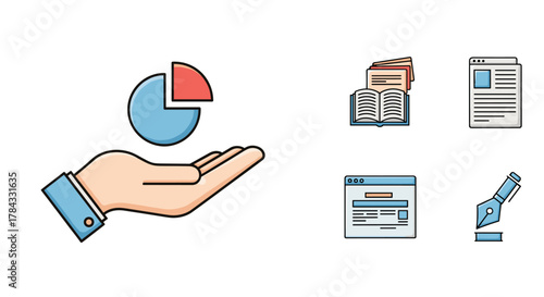 Vivid cartoon illustration of a hand holding a pie chart, symbolizing data analysis and business growth, alongside icons representing books, documents, web pages, and a fountain pen, perfect for
