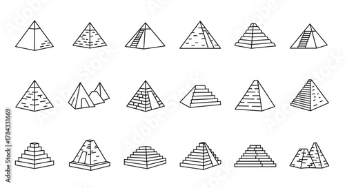 Collection of simple linear outline illustrations of various pyramids, including stepped pyramids and those with entrances and stairs, perfect for web, books, cards, and apps, editable stroke, vector