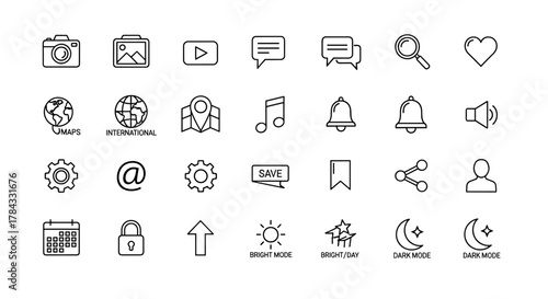 A clean and modern line icon set for social media applications, featuring essential symbols like cameras, globes, maps, music notes, bells, speakers, gears, email, save, bookmarks, share, user
