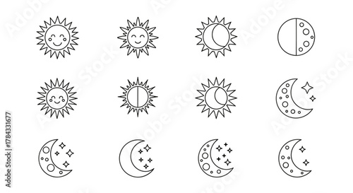 Set of simple line art icons representing the sun and moon with various phases and expressions, perfect for web and app design, presented on a clean white background for easy integration and