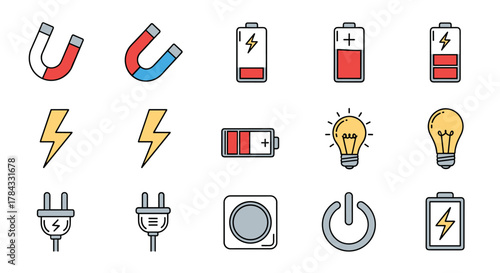 Set of Magnet, Battery, Lightning Related Line Icons: Outline Signs for Graphic and Web Design, Apps, Adverts, Various Cards, Vector Cartoon Illustration, Energy and Power Symbols, Technology and