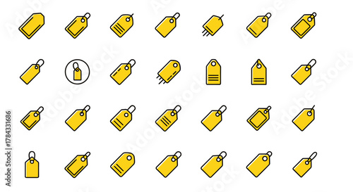 A collection of 28 simple, linear, filled color icons representing yellow price tags, perfect for minimalistic web and graphic design, apps, banners, social networks, and cards, offering a versatile