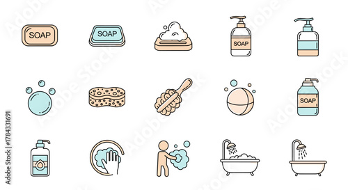 A collection of minimalistic linear icons representing soap, bathing, and hygiene essentials, perfect for web design, app interfaces, social media graphics, and educational materials. This vector