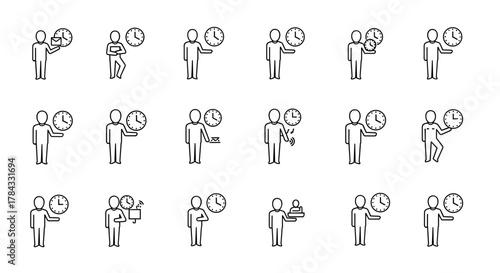 Set of 15 thin line icons depicting a full-body user interacting with a clock, symbolizing time management, deadlines, and scheduling. Perfect for apps, websites, and graphic design projects