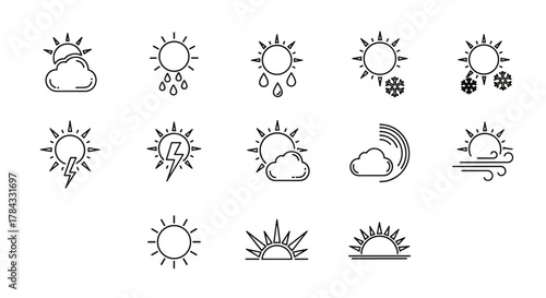 Collection of simple, isolated line icons representing various weather phenomena and celestial bodies, including sun with clouds, rain, snow, lightning, wind, and sunrise/sunset, all with editable