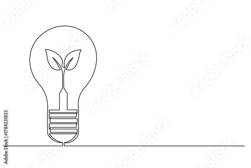 A continuous line drawing of a light bulb with leaves inside representing eco friendly ideas