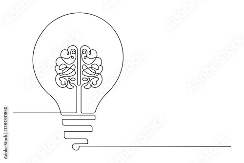 Continuous line drawing of a light bulb enclosing a human brain outline illustration