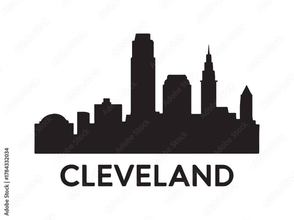 Naklejka premium Cleveland Skyline Silhouette – Vector Cityscape Logo Design. Black and White Chicago City Skyline Illustration – Urban Silhouette Art.