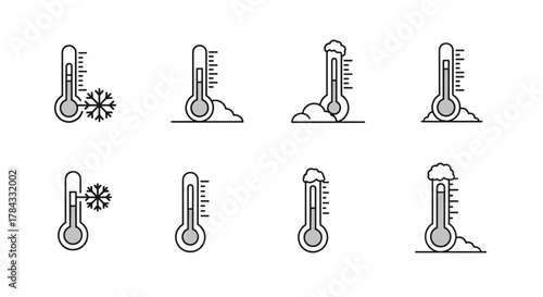 Set of minimalistic line icons representing thermometers indicating cold temperatures, featuring snowflakes and frost, suitable for web design, app interfaces, social media, and graphic elements