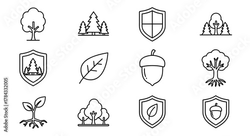 Collection of nature-themed line icons, including various trees, a seedling, an acorn, a leaf, and shield emblems symbolizing protection and environmental conservation, perfect for graphic design