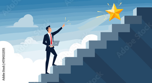 A determined businessman holding a laptop ascends a staircase towards a shining golden star, symbolizing achievement and success in a vibrant flat design vector illustration against a clear blue sky