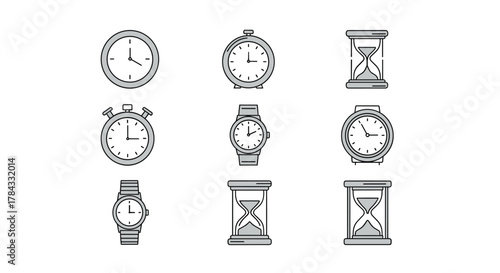 Collection of simple, isolated line icons representing time, including analog clocks, alarm clocks, stopwatches, wristwatches, and hourglasses, perfect for web, books, cards, and apps, with editable