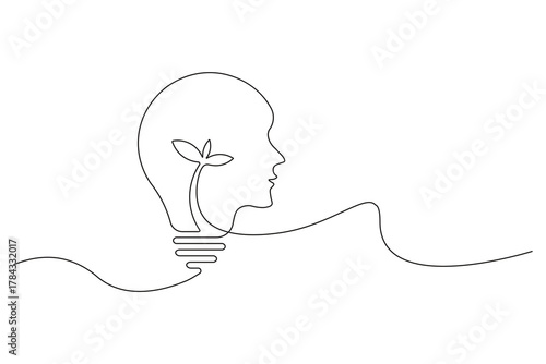 Continuous line drawing of a human head and lightbulb with a plant sprout inside