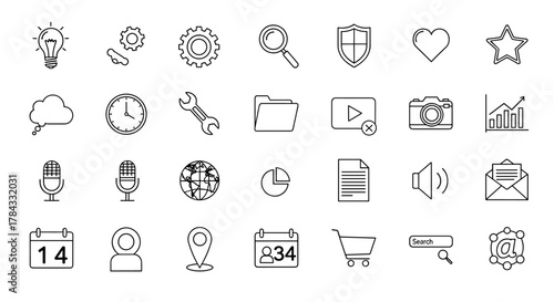 Collection of outline icons representing technology, business, and communication, perfect for infographics, articles, books, flyers, and banners. This editable stroke vector cartoon illustration